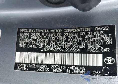 2022 Toyota Corolla Le from USA, damaged, VIN JTDEPMAE5NJ228564